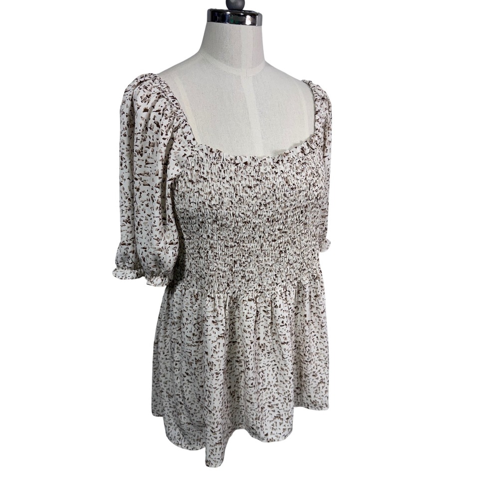 Doe & Rae Cream Smocked Peplum Blouse with Brown Fleck Print